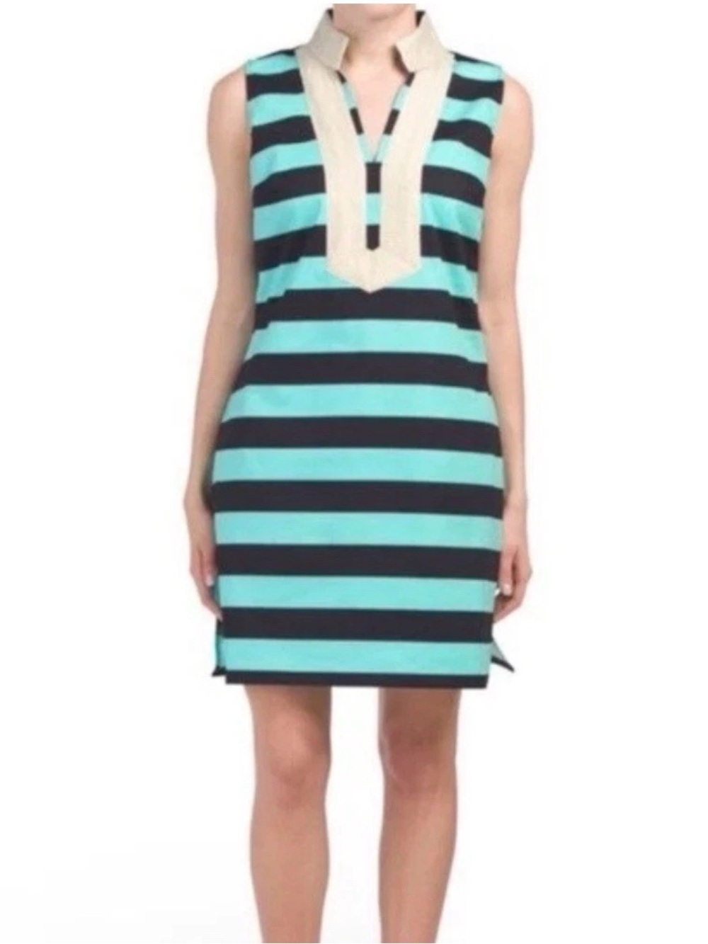 NWOT Sail to Sable Classic Stripe Tunic Dress Navy Blue Aqua Gold Large Cotton